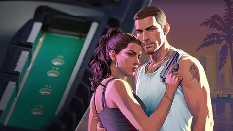 Lúcia e Jason, protagonistas de GTA 6, abraçados em cena noturna com palmeira e cidade ao fundo