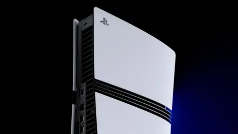 Render do console PlayStation 5 em fundo preto, com a parte frontal branca e o logo PlayStation, com iluminação azul ao fundo