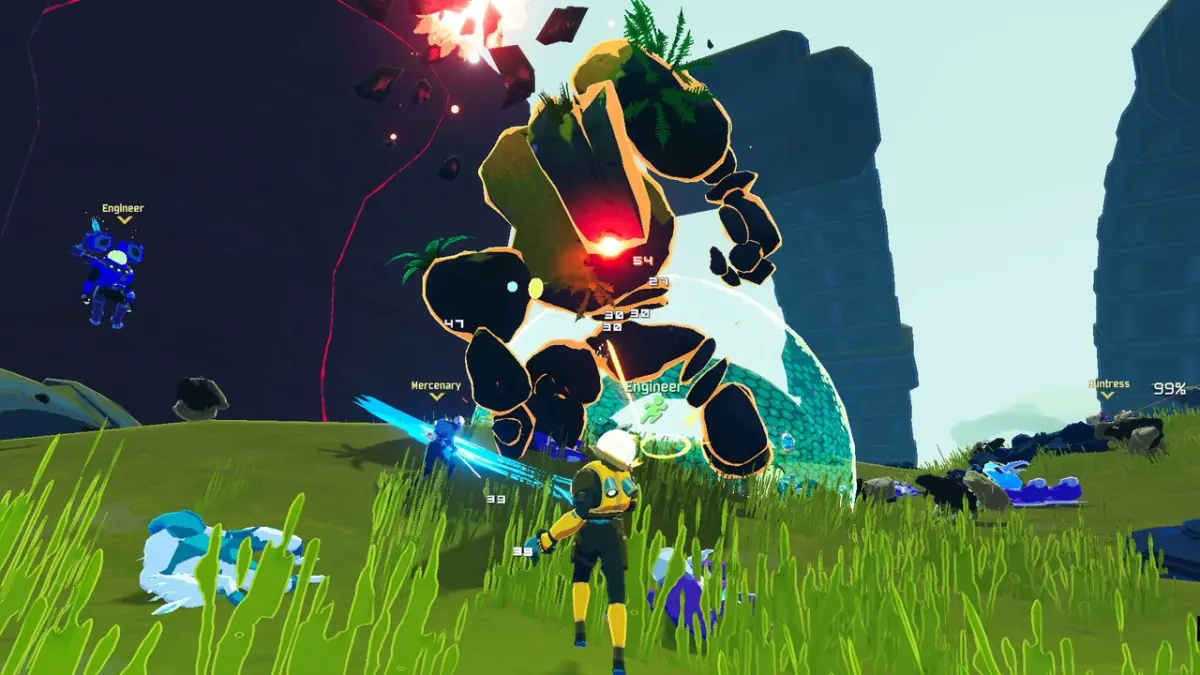 Arte oficial de Risk of Rain 2 com sobreviventes enfrentando criaturas em um cenário alienígena