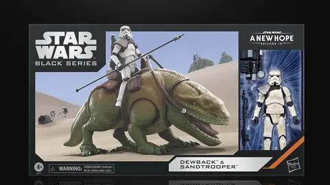 Caixa do pack Star Wars Black Series com o Dewback e o Sandtrooper