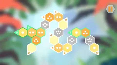 Tela de um puzzle de Hexologic com grade hexagonal colorida