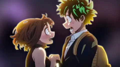 Uraraka e Deku se encaram em cena do anime My Hero Academia, com fundo roxo desfocado