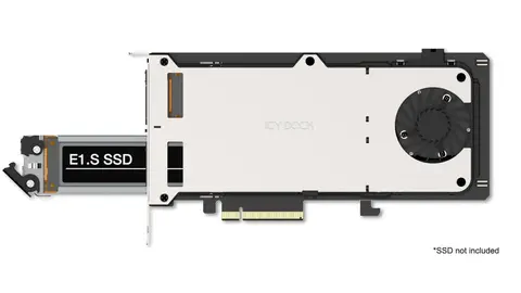 Render oficial do adaptador Icy Dock PCIe com slot para SSD E1.S, vista de cima, fundo branco
