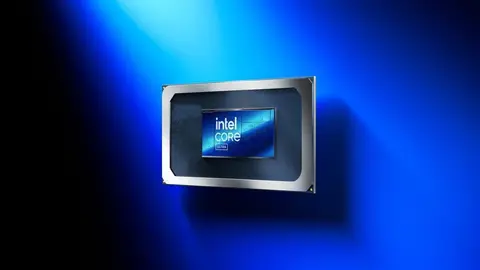 Processador Intel Core Ultra para notebook, render oficial sobre fundo azul com o logotipo da marca no chip