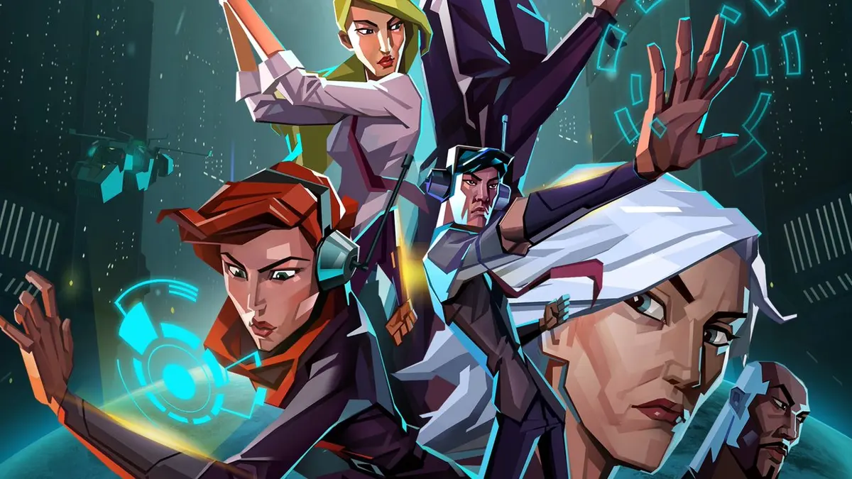 Arte promocional de Invisible Inc. com quatro agentes em estilo poligonal, em tons de verde-azulado