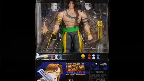 Figura de ação do personagem Vega na embalagem da Jada Toys, linha Ultra Street Fighter II, escala 1:12