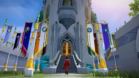 Personagem de manto vermelho sobe escadaria até portão dourado de castelo cinza com bandeiras coloridas, em cena de RuneScape