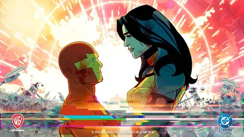 Dois personagens animados se encaram diante de uma explosão luminosa em cena de série da DC Studios
