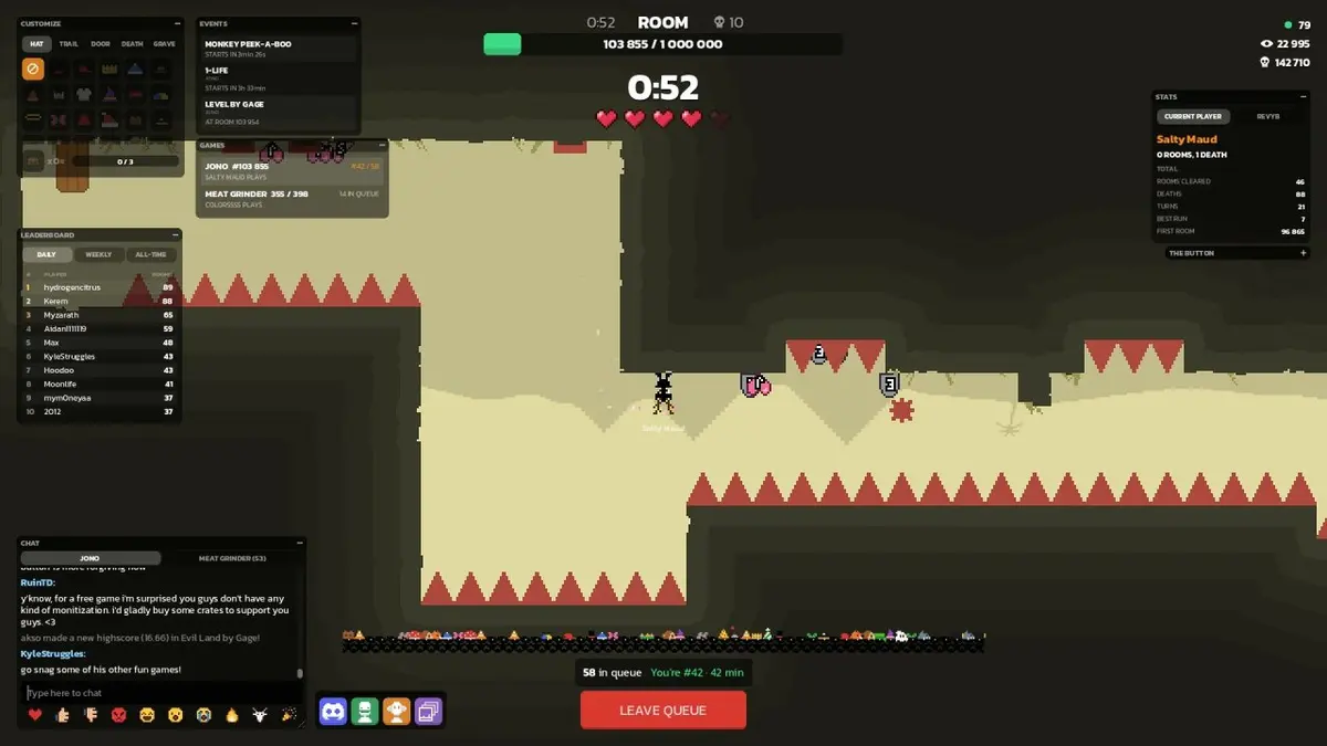 Captura de tela do jogo Jono: sala com fila de espera (58 na fila, posição 42), placar e chat