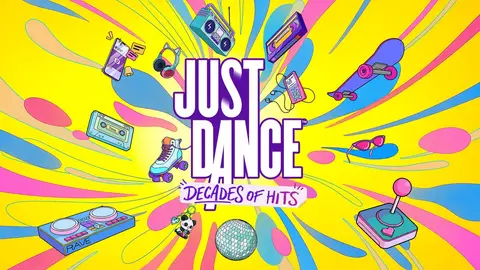 Arte oficial de Just Dance: Decades of Hits, com logo do jogo e objetos de várias décadas sobre fundo amarelo