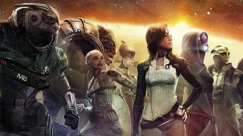 Personagens da franquia Mass Effect reunidos em arte de jogo, com figura feminina de uniforme N7 ao centro