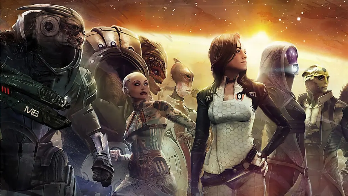 Personagens da franquia Mass Effect reunidos em arte de jogo, com figura feminina de uniforme N7 ao centro