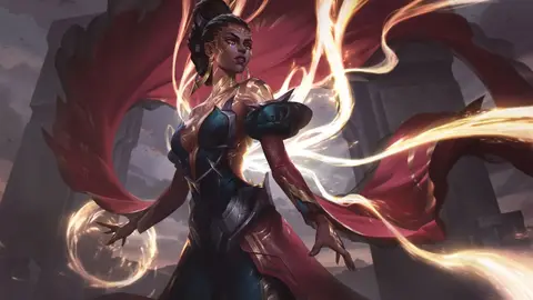 Arte de personagem de League of Legends: mulher de coque escuro, armadura azul-petróleo, capa vermelha e magia dourada