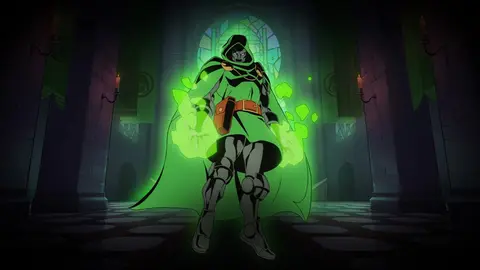 Doctor Doom com manto verde e energia verde brilhando em um salão de castelo gótico, em arte animada escura