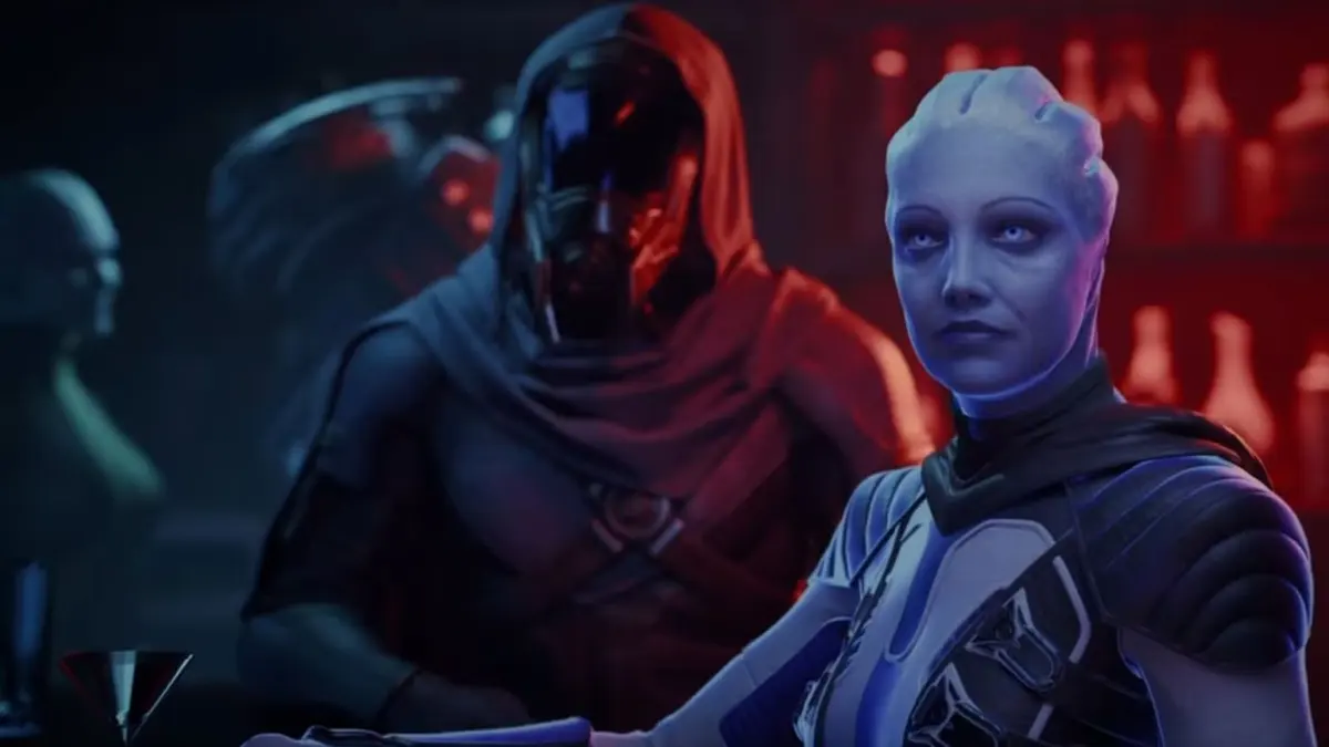 Cena de Mass Effect: asari de pele azul em primeiro plano e figura encapuzada com visor vermelho ao fundo, em um bar escuro