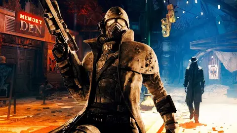 Personagem com máscara de gás e armadura de Fallout em cena de cidade noturna, com placa 'Memory Den' ao fundo