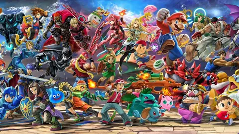 Arte oficial de Super Smash Bros. Ultimate com os lutadores da série reunidos
