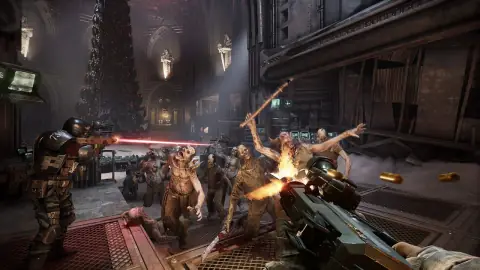Arte oficial de Warhammer 40,000 com Space Marines em campo de batalha