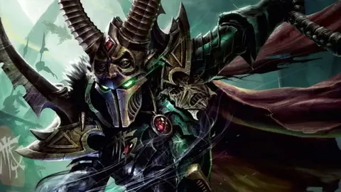 Personagem blindado com chifres, máscara metálica e olhos verdes brilhantes, em arte pintada de Warhammer 40,000