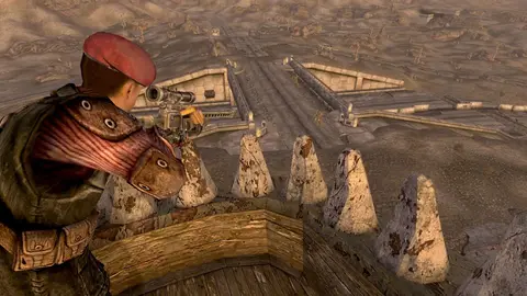 Cena do deserto de Mojave em Fallout: New Vegas, jogo de RPG da Obsidian