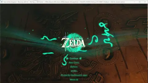 Tela-título de The Legend of Zelda: Tears of the Kingdom rodando em port para PC, com o logo do jogo e o menu Continue, New Game, Options