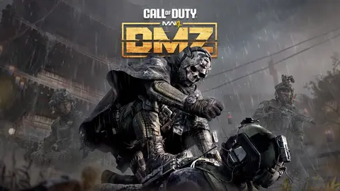 Key art de Call of Duty: Modern Warfare 4 DMZ: operadores armados em cenário chuvoso com prédio asiático ao fundo.