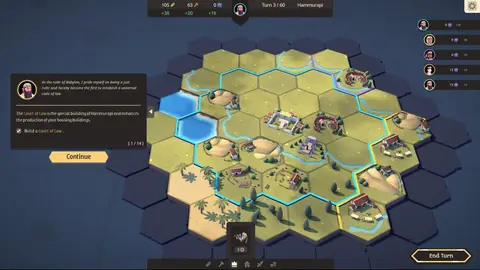 Cena de cidade montada com peças hexagonais em Monarchs at Play