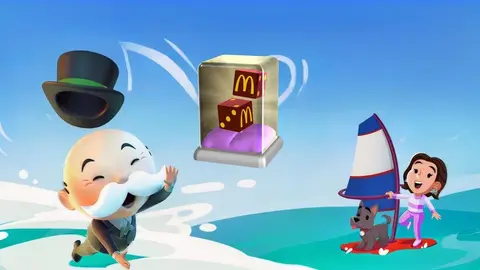 Sr. Monopoly ao lado de caixa de coleção com dados do McDonald's, personagem de windsurf ao fundo, arte do Monopoly GO