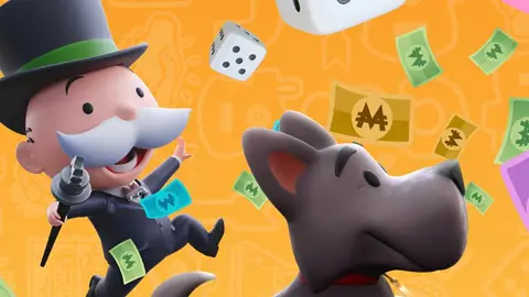 Sr. Monopoly de cartola e bigode ao lado do cachorro token, com dados e notas de dinheiro voando sobre fundo laranja