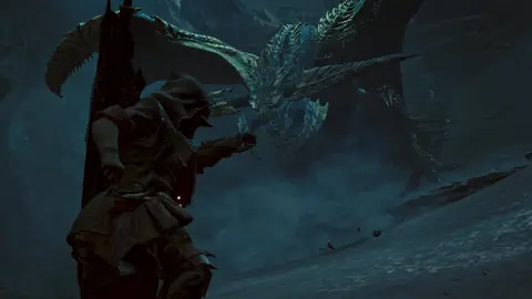 Caçador enfrentando um monstro gigante em arte oficial de Monster Hunter Wilds