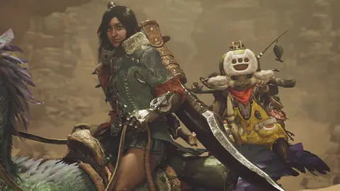 Arte oficial de Monster Hunter Wilds com caçadores diante de um monstro em paisagem desértica