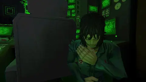 Personagem de cabelo escuro e jaqueta verde-azulada com patch vermelho, em sala de controle com monitores verdes, em cena 3D low-poly
