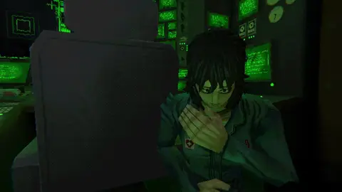 Captura de tela de jogo em estilo PS1: personagem de camisa azul com a mão na boca, em sala com monitores verdes