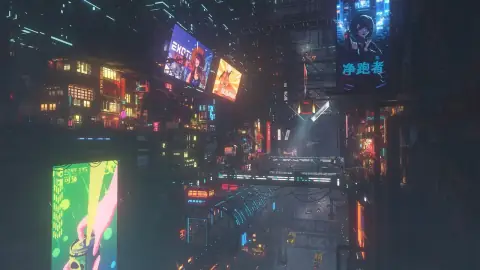 Cena urbana cyberpunk de Nivalis Nights, com a cidade do jogo iluminada por letreiros e telas