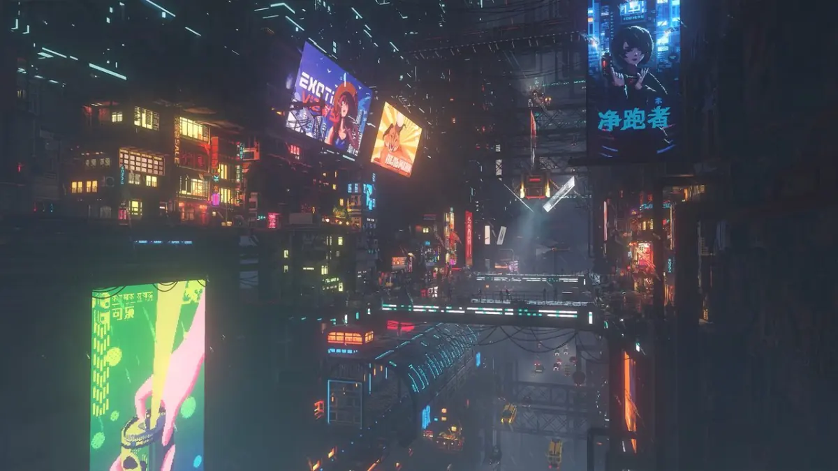 Cena urbana cyberpunk de Nivalis Nights, com a cidade do jogo iluminada por letreiros e telas
