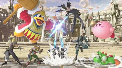 Personagens de Super Smash Bros. Ultimate em batalha: Rei Dedede, Cloud, Fox, Solid Snake, Kirby e Yoshi em arena