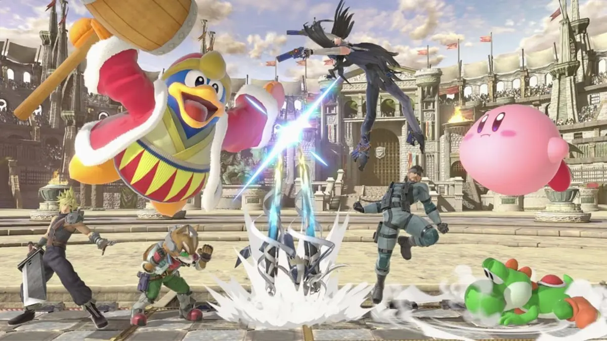 Personagens de Super Smash Bros. Ultimate em batalha: Rei Dedede, Cloud, Fox, Solid Snake, Kirby e Yoshi em arena