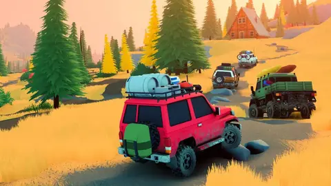 Comboio de jipes off-road numa trilha de terra entre pinheiros e um chalé ao fundo, em cena estilizada de jogo