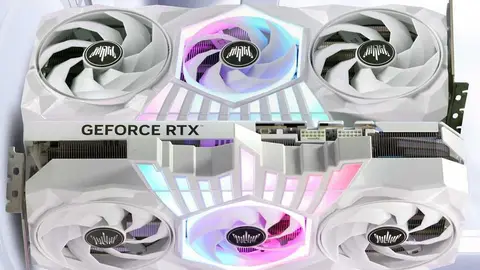 Placa de vídeo GeForce RTX branca da Palit, com ventoinhas e iluminação RGB nos dissipadores