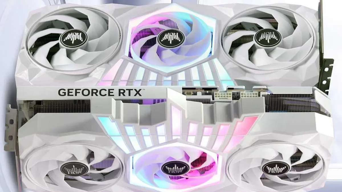 Placa de vídeo GeForce RTX branca da Palit, com ventoinhas e iluminação RGB nos dissipadores