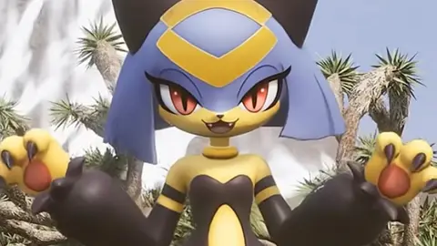 Criatura amarela e preta de cabelo azul e olhos vermelhos, em cenário desértico com yuccas, em render de jogo