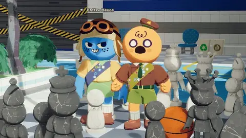 Dois personagens de estilo cartoon em cena 3D com peças gigantes de xadrez e piscina ao fundo