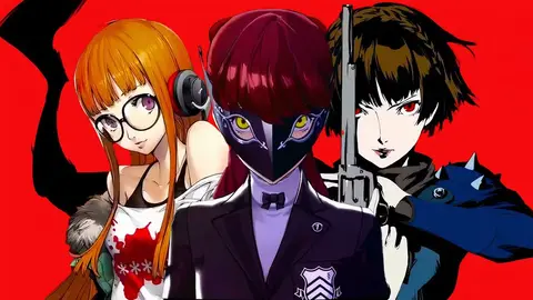 Arte de Persona 5 Royal: Futaba à esquerda, Protagonista mascarado no centro, Makoto à direita, fundo vermelho.