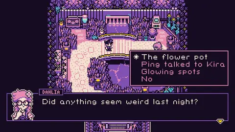 Cena em pixel art de Petal Runner com Cali e o pet digital Kira em Sapphire Valley