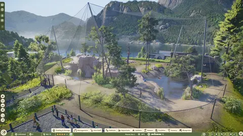 Imagem oficial de Planet Zoo 2 mostrando um zoológico com habitats e visitantes