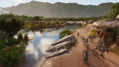 Arte oficial de Planet Zoo 2 com animais em um zoológico