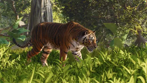 Cena de zoológico em Planet Zoo 2 com habitats e cenários construídos