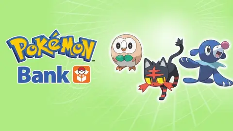 Logo do Pokémon Bank em fundo verde, ao lado dos iniciais Rowlet, Litten e Popplio