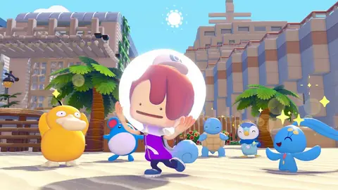 Treinador com cabelo castanho e capacete transparente ao centro, cercado por Psyduck, Squirtle, Piplup e Marill em cenário de cidade tropical