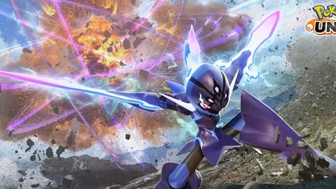 Personagem roxo de lâminas azuis e rosas diante de uma explosão, em arte 3D de Pokémon Unite